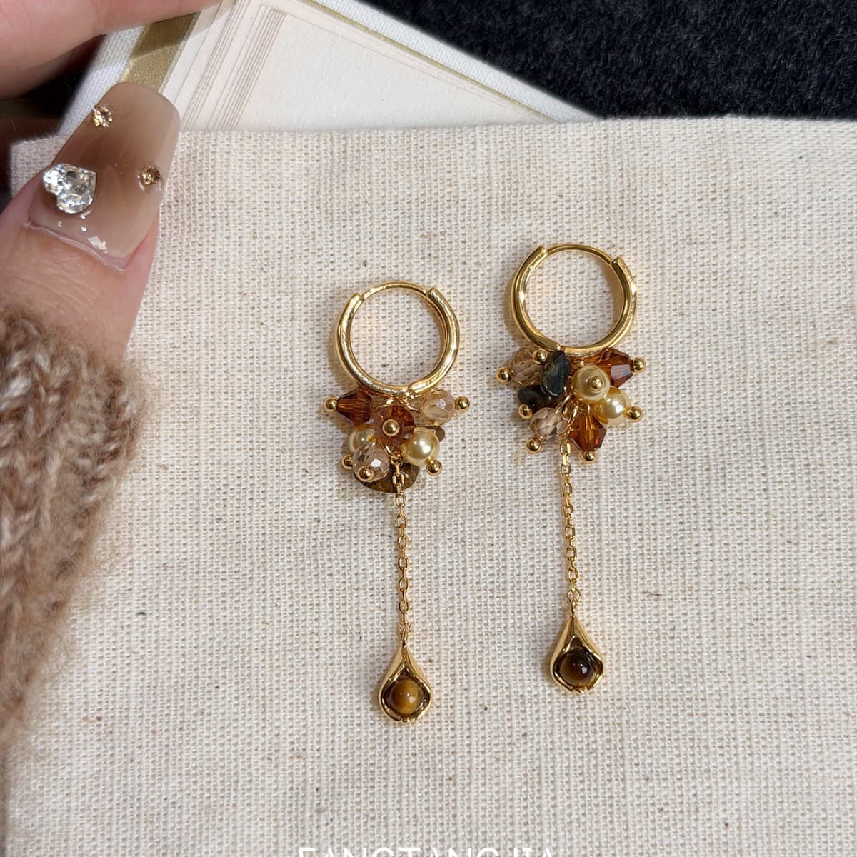 Tigers Eye Tassel Pearl Earrings For Women