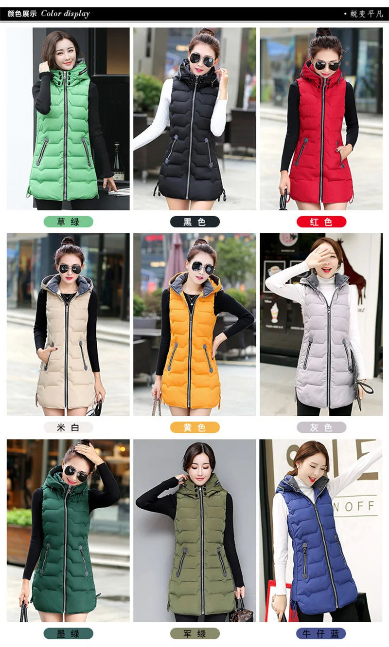 5XL2024 New Autumn Winter Mid-length Down Cotton Women's Vest Coat Solid Color Zipper Hooded Casual Waistcoat Ladies Vest Jacket