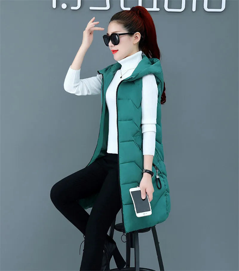 2020 New Winter Jacket Women ParkasHooded Warm Long Vest Coat Jacket Female Cotton Padded Parka Feminina chalecos Plus Size P952