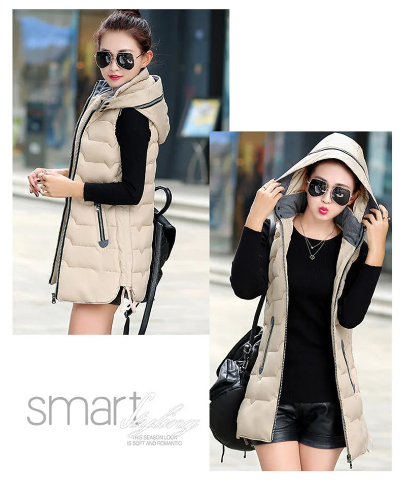 5XL2024 New Autumn Winter Mid-length Down Cotton Women's Vest Coat Solid Color Zipper Hooded Casual Waistcoat Ladies Vest Jacket