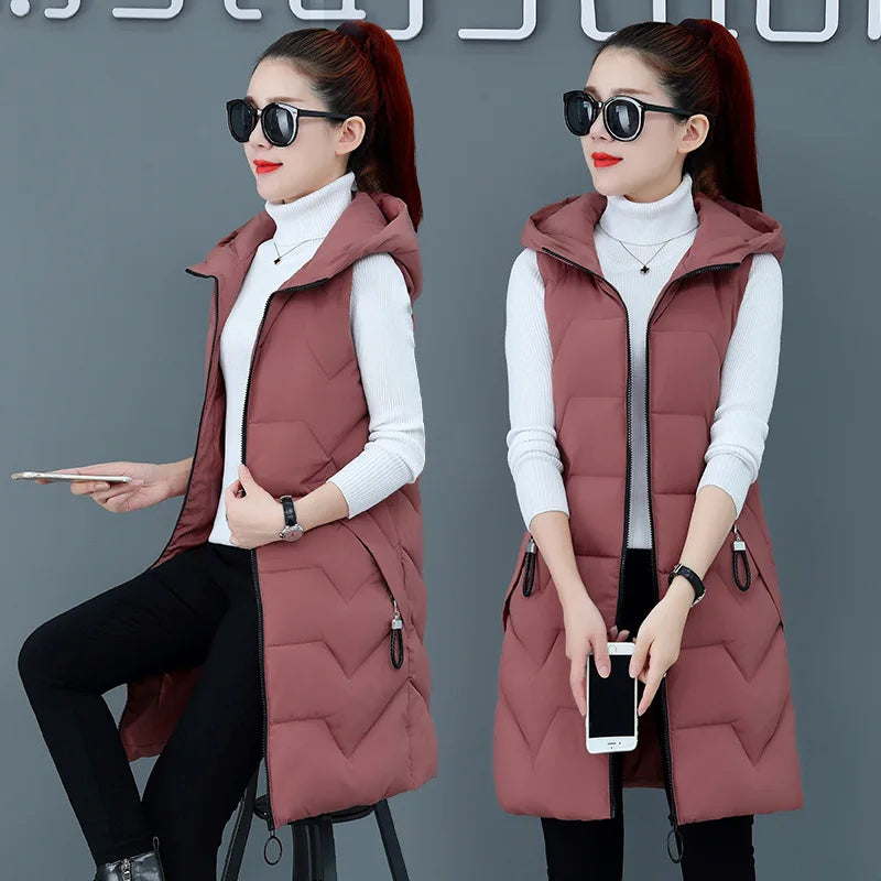 2020 New Winter Jacket Women ParkasHooded Warm Long Vest Coat Jacket Female Cotton Padded Parka Feminina chalecos Plus Size P952