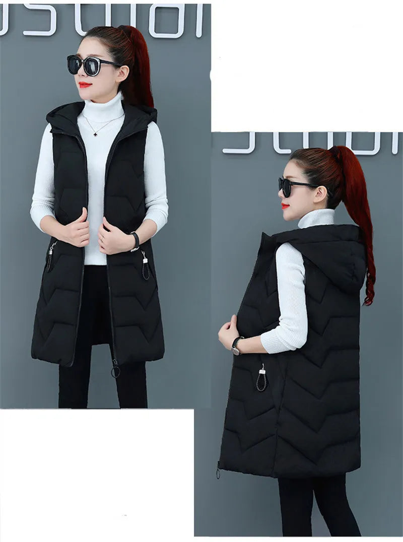 2020 New Winter Jacket Women ParkasHooded Warm Long Vest Coat Jacket Female Cotton Padded Parka Feminina chalecos Plus Size P952