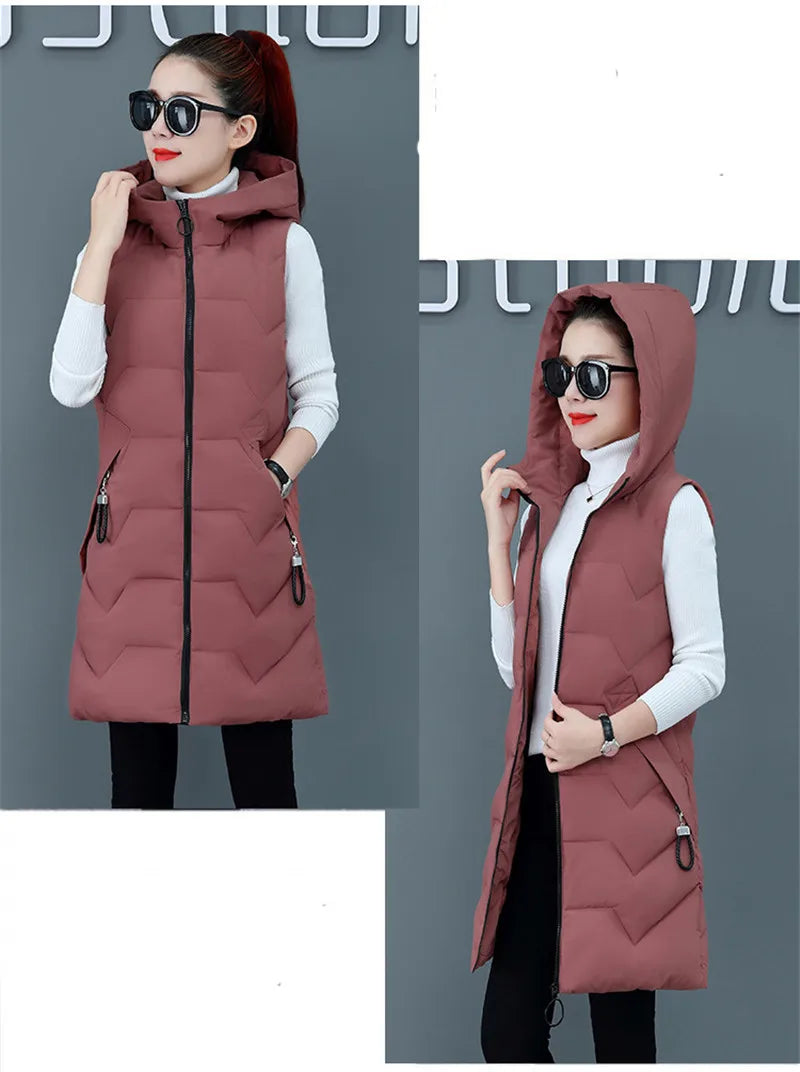 2020 New Winter Jacket Women ParkasHooded Warm Long Vest Coat Jacket Female Cotton Padded Parka Feminina chalecos Plus Size P952