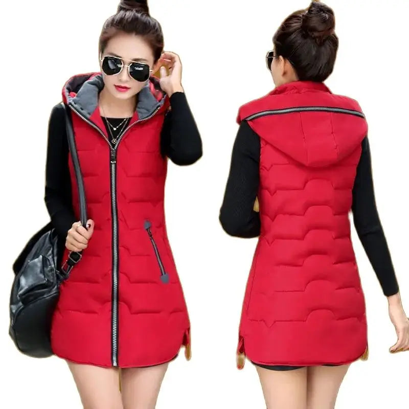 5XL2024 New Autumn Winter Mid-length Down Cotton Women's Vest Coat Solid Color Zipper Hooded Casual Waistcoat Ladies Vest Jacket