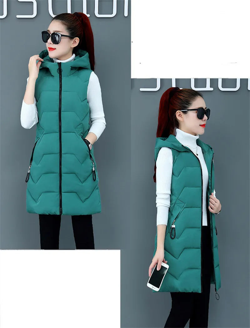 2020 New Winter Jacket Women ParkasHooded Warm Long Vest Coat Jacket Female Cotton Padded Parka Feminina chalecos Plus Size P952