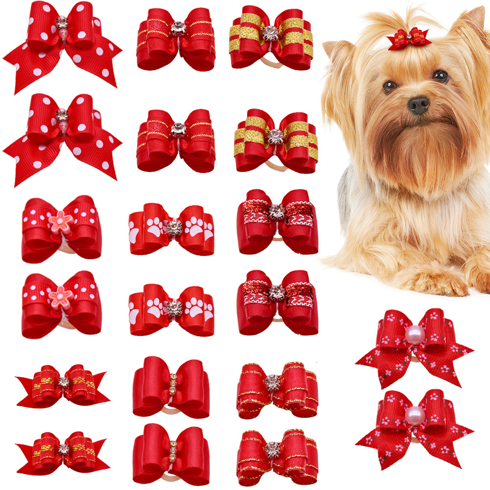 10pcs/lot Hand-made Small Hair Bows For Dog Rubber Band Cat Hair Bowknot Boutique Valentine's day Dog Grooming Pet Accessories