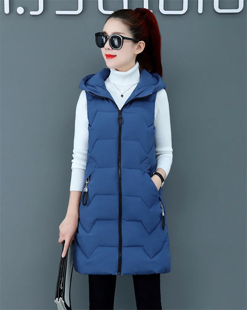 2020 New Winter Jacket Women ParkasHooded Warm Long Vest Coat Jacket Female Cotton Padded Parka Feminina chalecos Plus Size P952