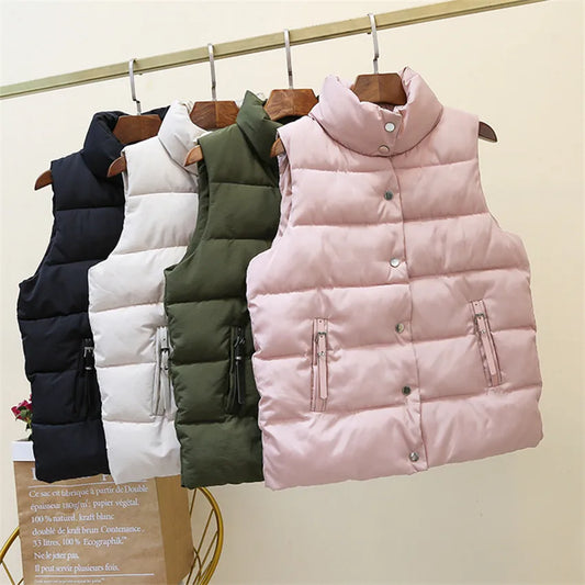 20 New Autumn Solid Women Down Cotton Vest Winter Girl Sleeveless Thicked Cotton Jacket Coat Big Size Lady Short Outwear WZ1226