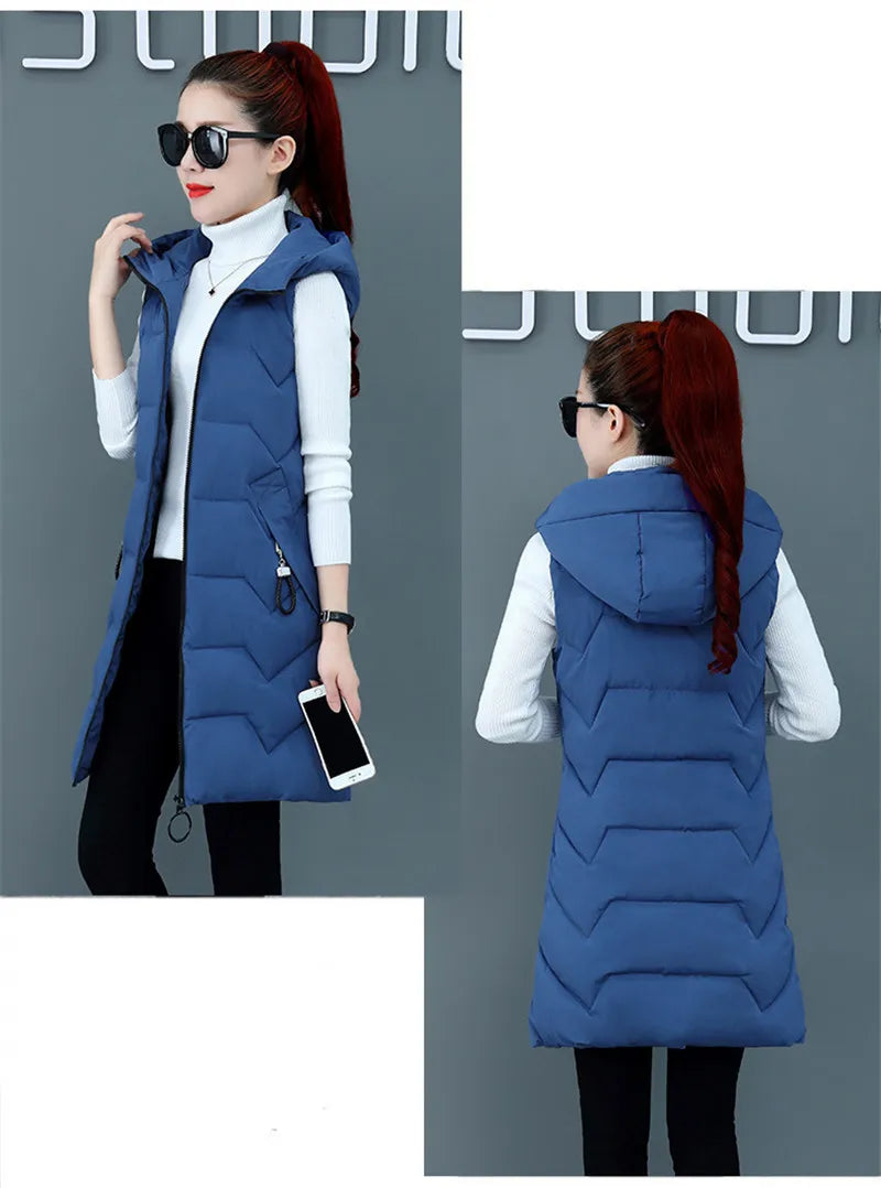 2020 New Winter Jacket Women ParkasHooded Warm Long Vest Coat Jacket Female Cotton Padded Parka Feminina chalecos Plus Size P952