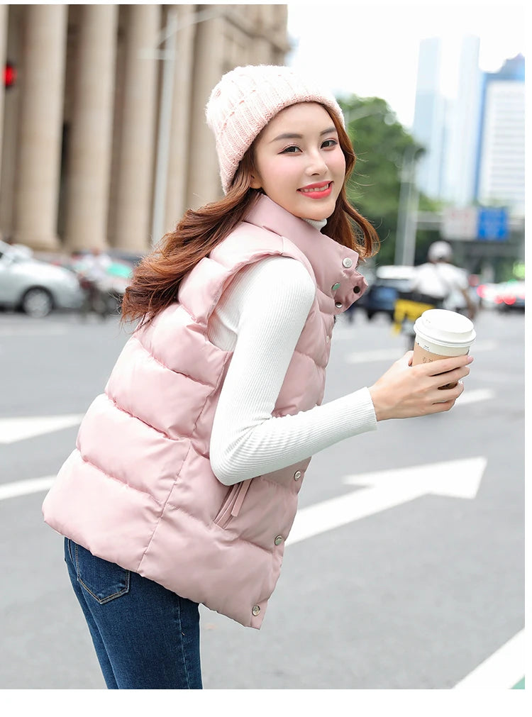 20 New Autumn Solid Women Down Cotton Vest Winter Girl Sleeveless Thicked Cotton Jacket Coat Big Size Lady Short Outwear WZ1226