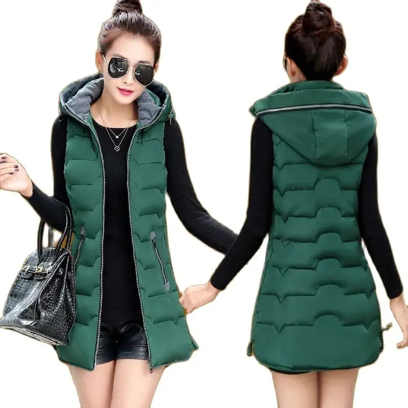 5XL2024 New Autumn Winter Mid-length Down Cotton Women's Vest Coat Solid Color Zipper Hooded Casual Waistcoat Ladies Vest Jacket