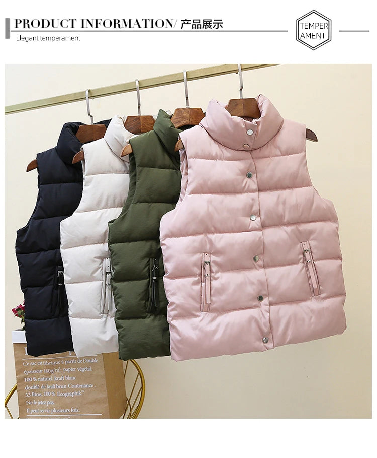 20 New Autumn Solid Women Down Cotton Vest Winter Girl Sleeveless Thicked Cotton Jacket Coat Big Size Lady Short Outwear WZ1226