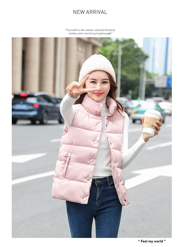 20 New Autumn Solid Women Down Cotton Vest Winter Girl Sleeveless Thicked Cotton Jacket Coat Big Size Lady Short Outwear WZ1226