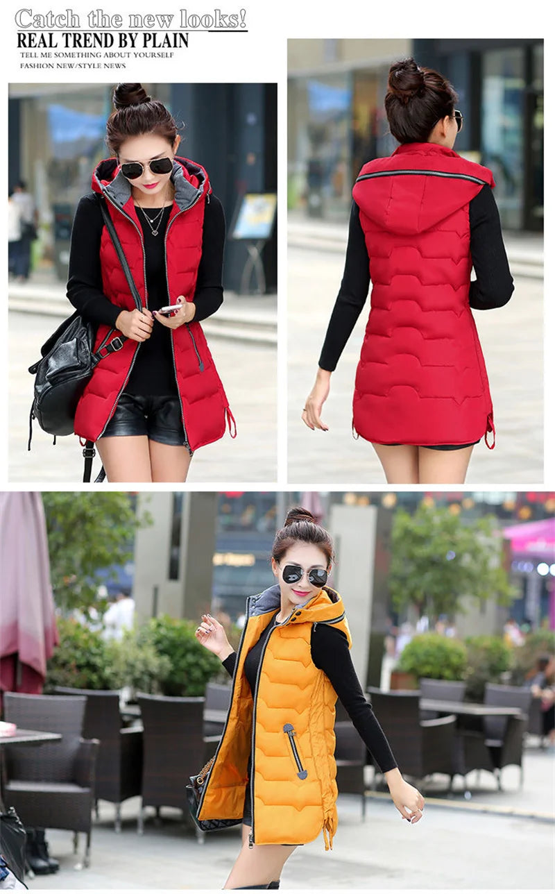 5XL2024 New Autumn Winter Mid-length Down Cotton Women's Vest Coat Solid Color Zipper Hooded Casual Waistcoat Ladies Vest Jacket