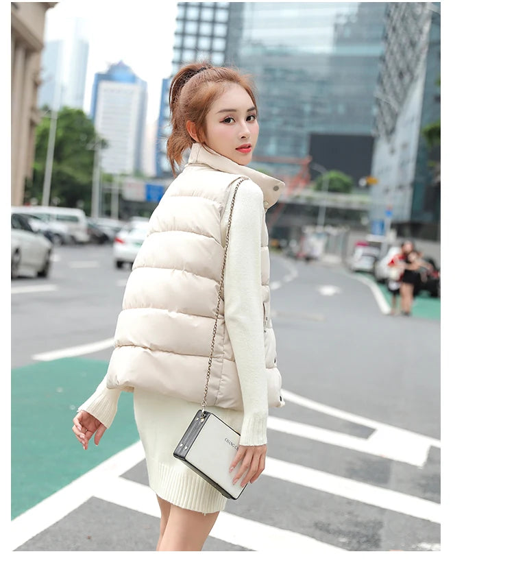 20 New Autumn Solid Women Down Cotton Vest Winter Girl Sleeveless Thicked Cotton Jacket Coat Big Size Lady Short Outwear WZ1226