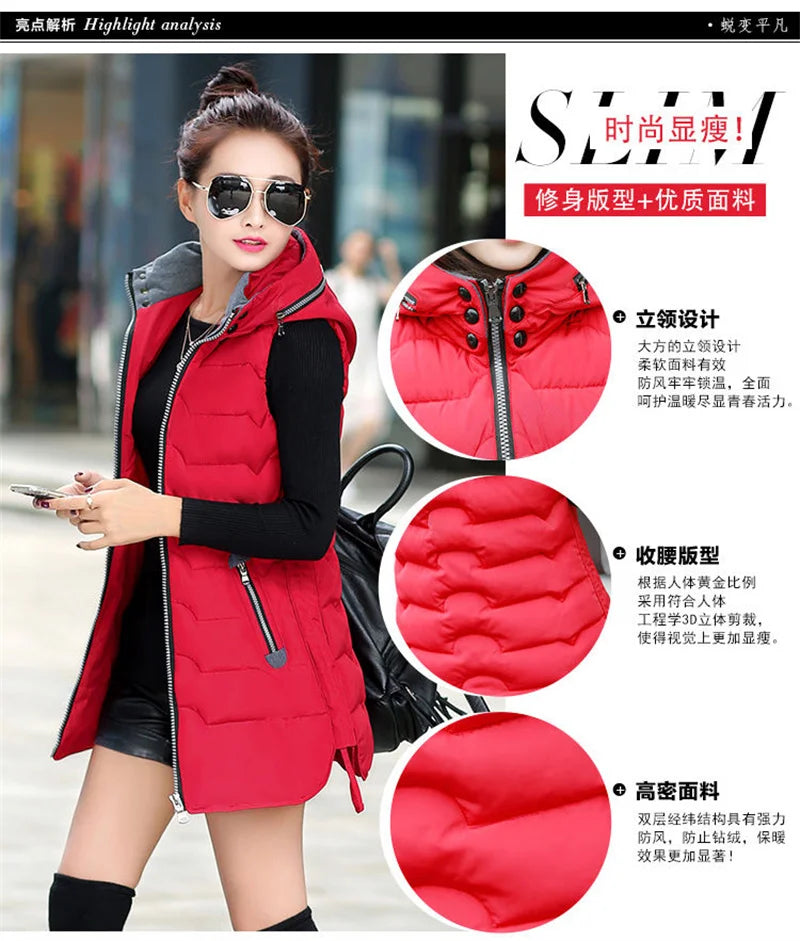 5XL2024 New Autumn Winter Mid-length Down Cotton Women's Vest Coat Solid Color Zipper Hooded Casual Waistcoat Ladies Vest Jacket