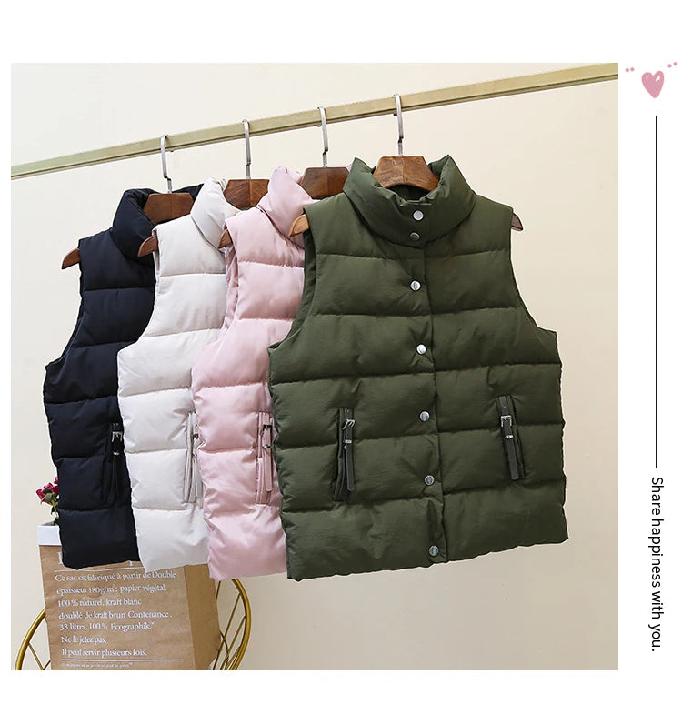 20 New Autumn Solid Women Down Cotton Vest Winter Girl Sleeveless Thicked Cotton Jacket Coat Big Size Lady Short Outwear WZ1226