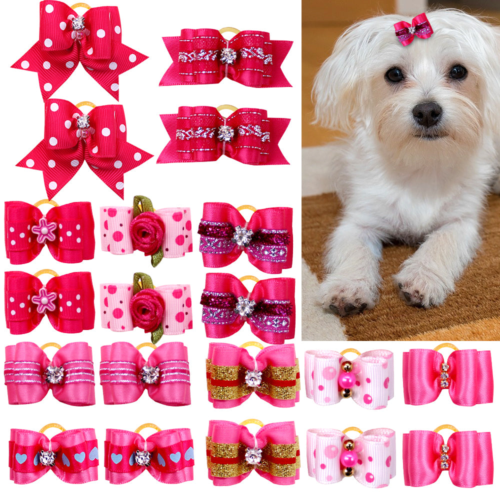 10pcs/lot Hand-made Small Hair Bows For Dog Rubber Band Cat Hair Bowknot Boutique Valentine's day Dog Grooming Pet Accessories