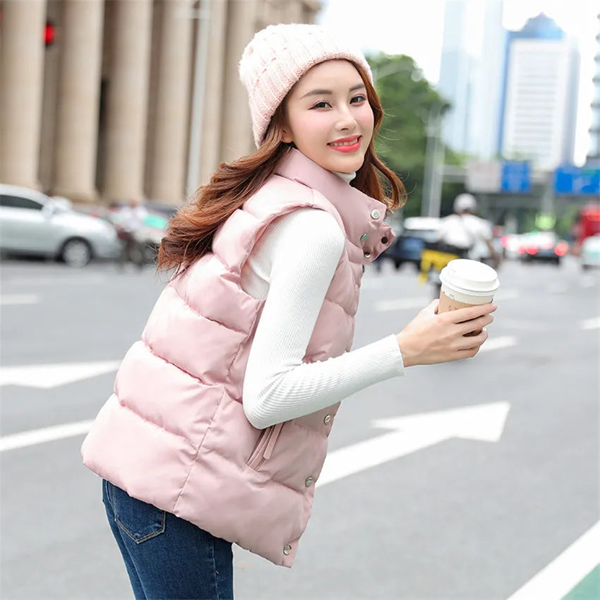 20 New Autumn Solid Women Down Cotton Vest Winter Girl Sleeveless Thicked Cotton Jacket Coat Big Size Lady Short Outwear WZ1226