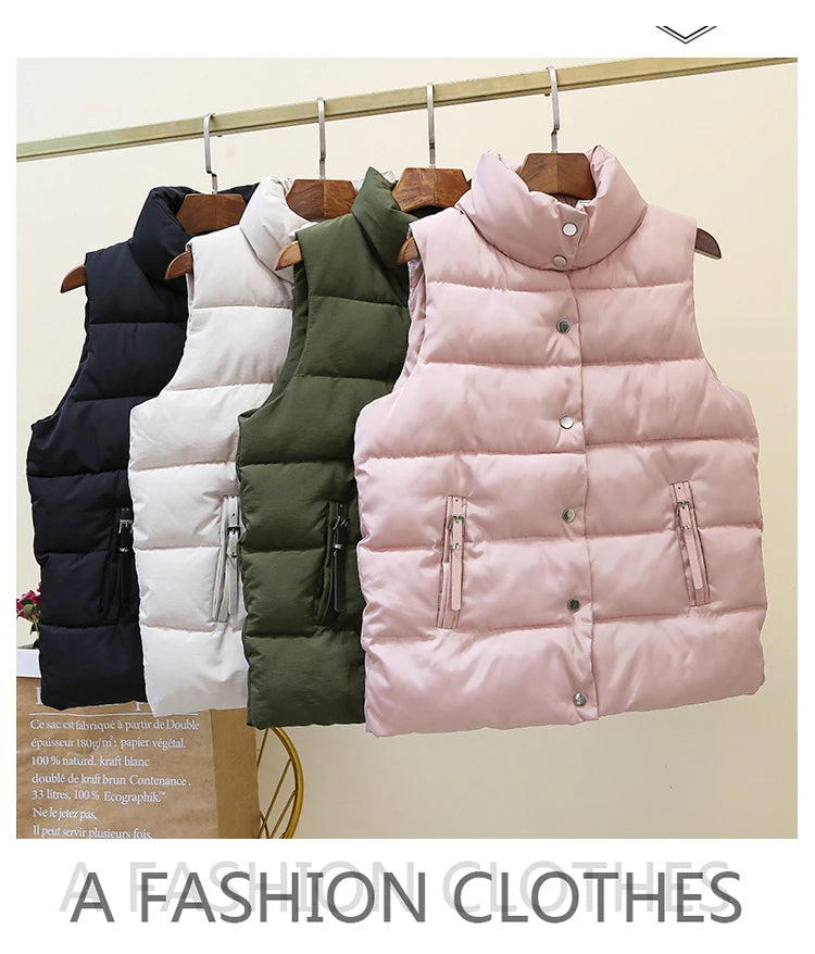 20 New Autumn Solid Women Down Cotton Vest Winter Girl Sleeveless Thicked Cotton Jacket Coat Big Size Lady Short Outwear WZ1226