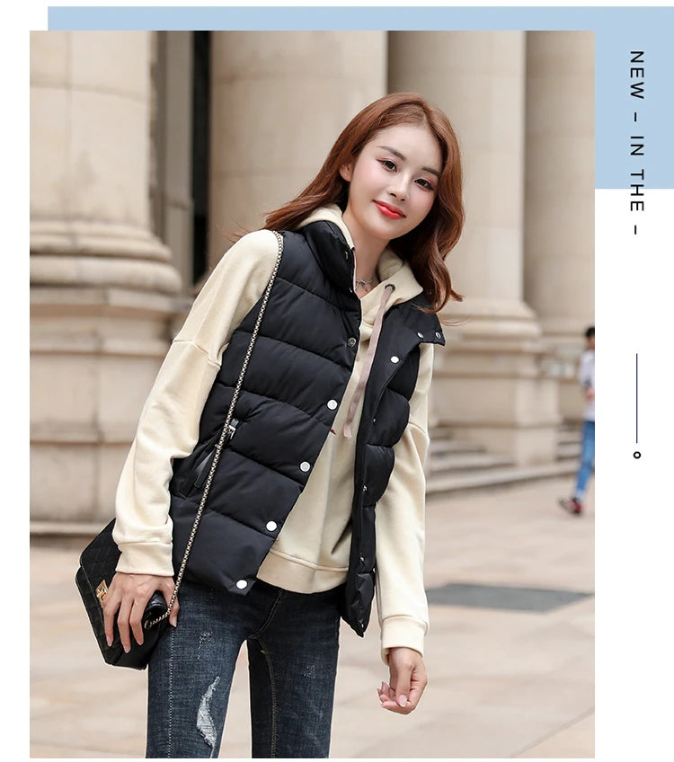 20 New Autumn Solid Women Down Cotton Vest Winter Girl Sleeveless Thicked Cotton Jacket Coat Big Size Lady Short Outwear WZ1226