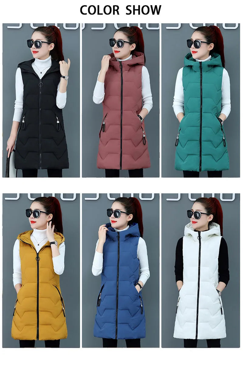 2020 New Winter Jacket Women ParkasHooded Warm Long Vest Coat Jacket Female Cotton Padded Parka Feminina chalecos Plus Size P952