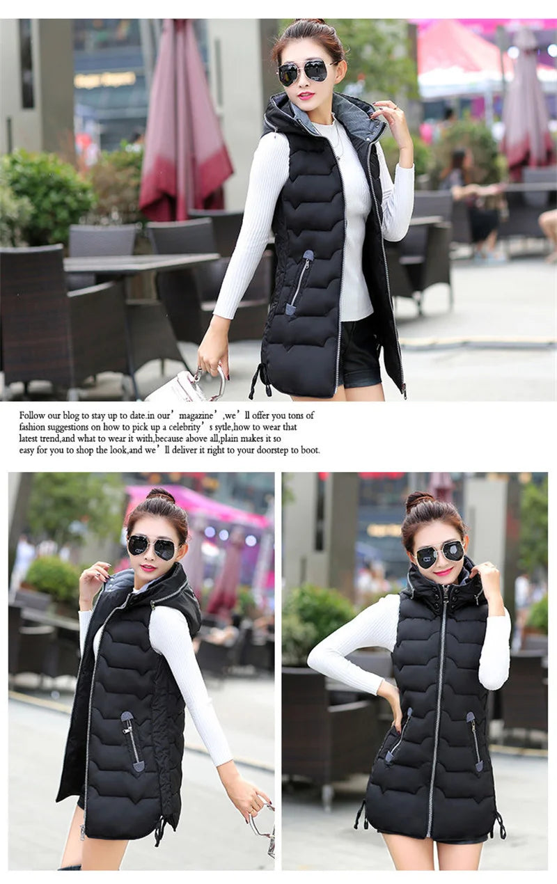 5XL2024 New Autumn Winter Mid-length Down Cotton Women's Vest Coat Solid Color Zipper Hooded Casual Waistcoat Ladies Vest Jacket