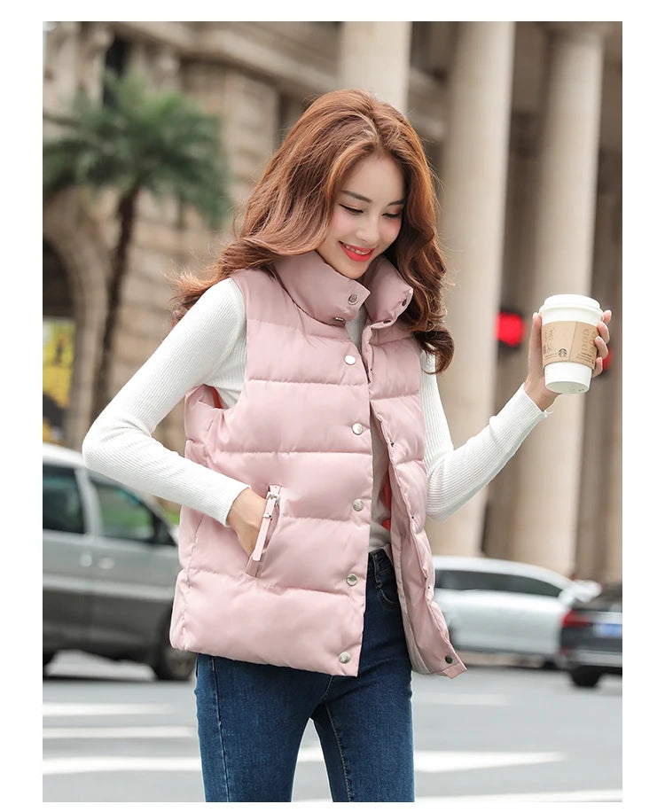 20 New Autumn Solid Women Down Cotton Vest Winter Girl Sleeveless Thicked Cotton Jacket Coat Big Size Lady Short Outwear WZ1226