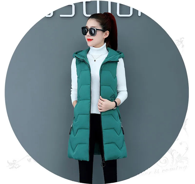 2020 New Winter Jacket Women ParkasHooded Warm Long Vest Coat Jacket Female Cotton Padded Parka Feminina chalecos Plus Size P952