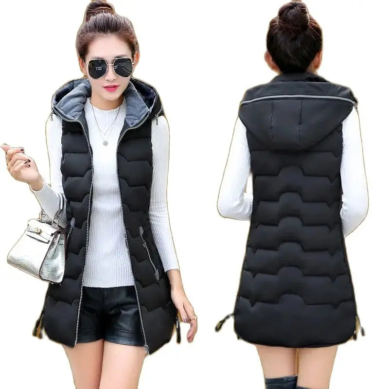 5XL2024 New Autumn Winter Mid-length Down Cotton Women's Vest Coat Solid Color Zipper Hooded Casual Waistcoat Ladies Vest Jacket