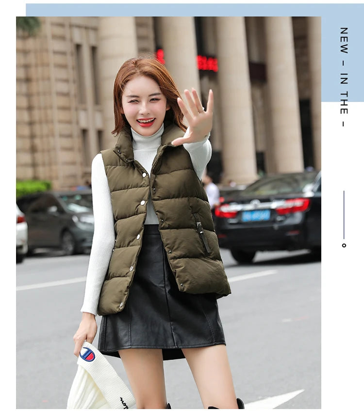 20 New Autumn Solid Women Down Cotton Vest Winter Girl Sleeveless Thicked Cotton Jacket Coat Big Size Lady Short Outwear WZ1226