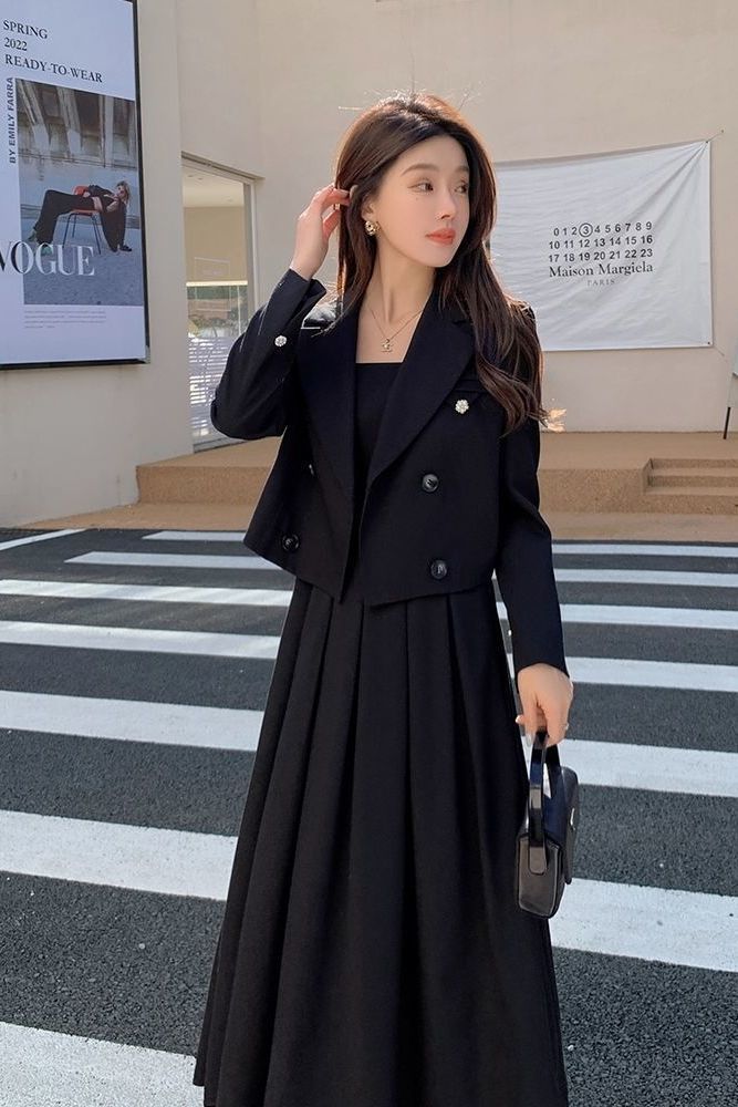 Autumn Korea Elegant Women Black Office Hepburn Suit Dress Casual Lapel  Blazer Coat Classic High Waist A Line  Pleated Dress