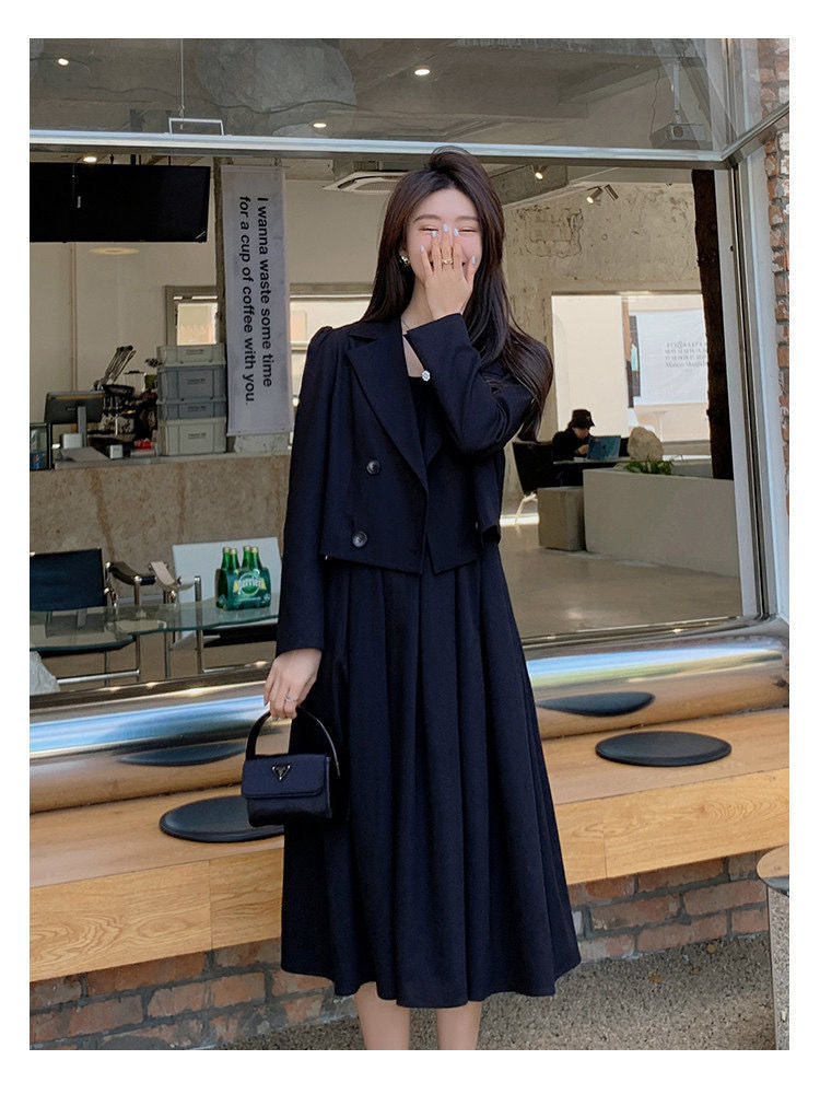 Autumn Korea Elegant Women Black Office Hepburn Suit Dress Casual Lapel  Blazer Coat Classic High Waist A Line  Pleated Dress