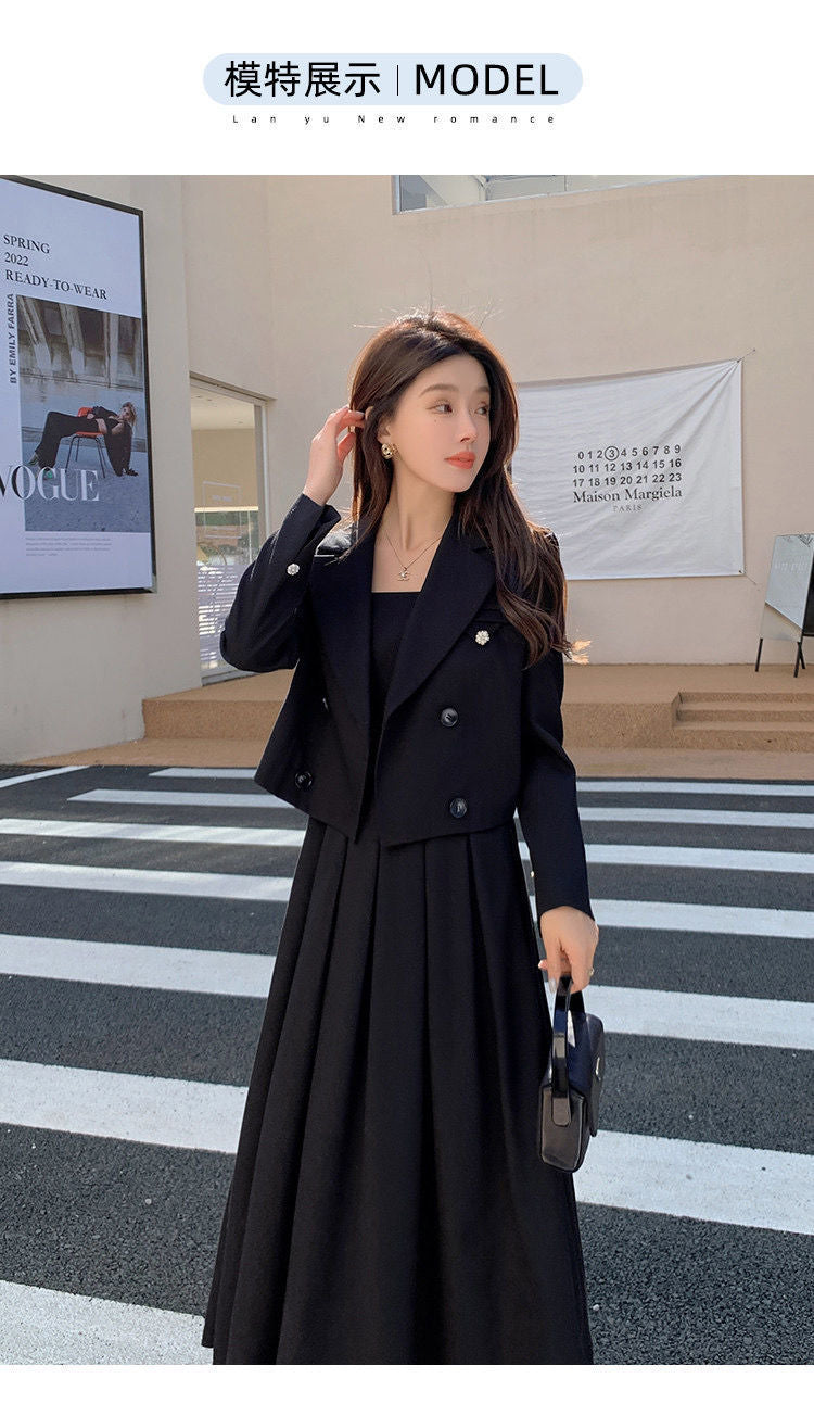 Autumn Korea Elegant Women Black Office Hepburn Suit Dress Casual Lapel  Blazer Coat Classic High Waist A Line  Pleated Dress