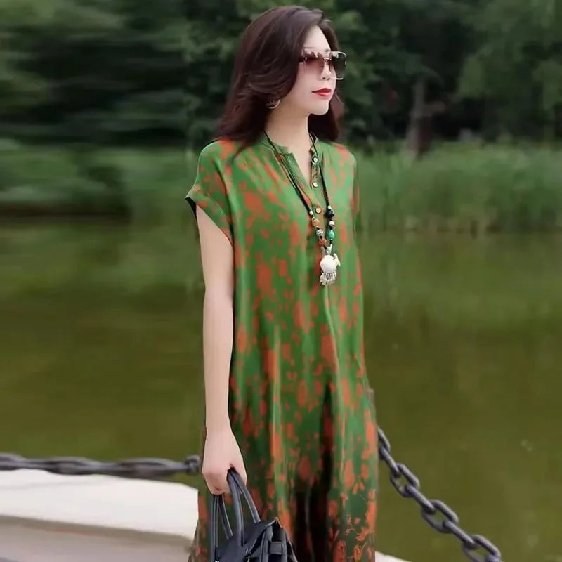 2023 Bohemian Printed Slim Raglan Sleeves Big Brand Silk Silk Dress Women Summer Temperament Mom High Grade Printed Long Skirt