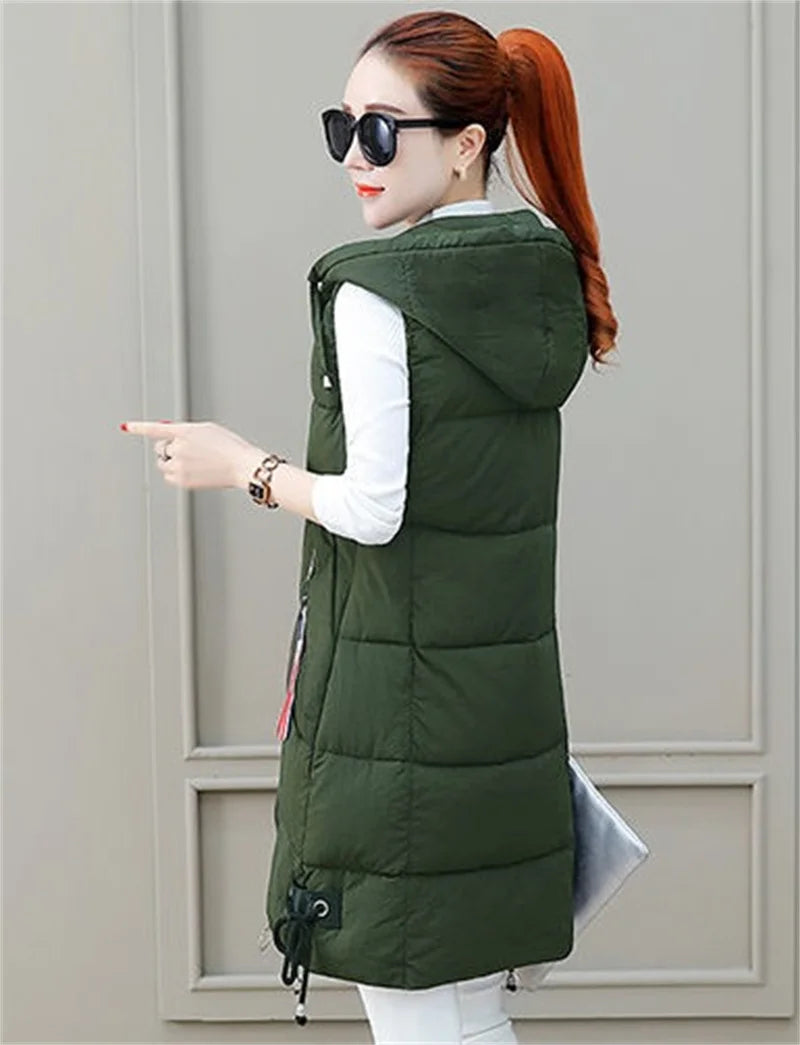 2023 New Autumn Winter Women Long Parkas Vest Warm Hooded Down Coat Parka Ladies Sleeveless Waistcoat Jacket Outwear