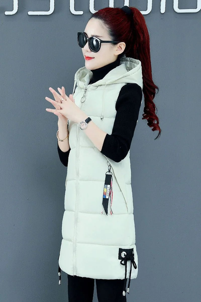 2023 New Autumn Winter Women Long Parkas Vest Warm Hooded Down Coat Parka Ladies Sleeveless Waistcoat Jacket Outwear