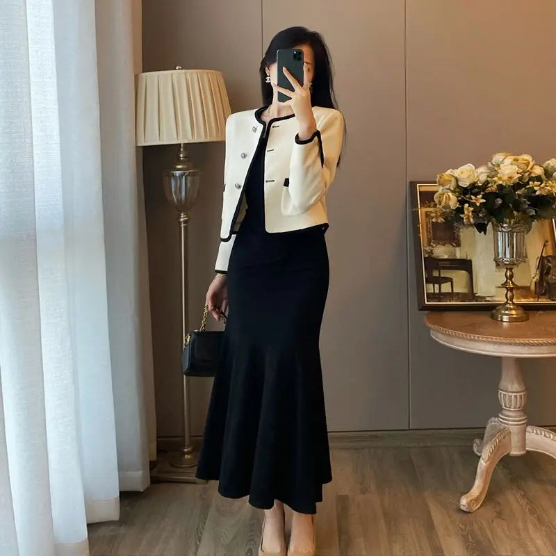 2024 Autumn New Women's Clothing Matching Sets French Graceful Slim Coat Black Mermaid Dress Suit Lady Jacket Dresses Outfits