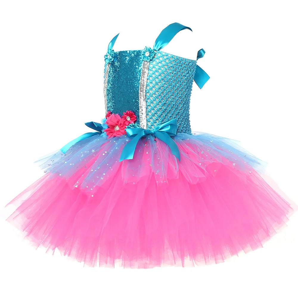 Trolls Tutu  Dresses Girls Princess Poppy Birthday Costumes Kids Magic Elves Halloween Dress Girl Fairy Flower Outfits Cosplay