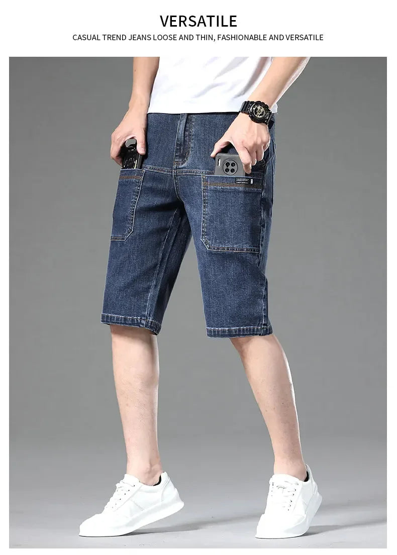 Multi-pocket Thin Denim Shorts Men Fashion Slim Straight Stretch Bermuda Jeans Casual Short Pants Male Brand Clothing