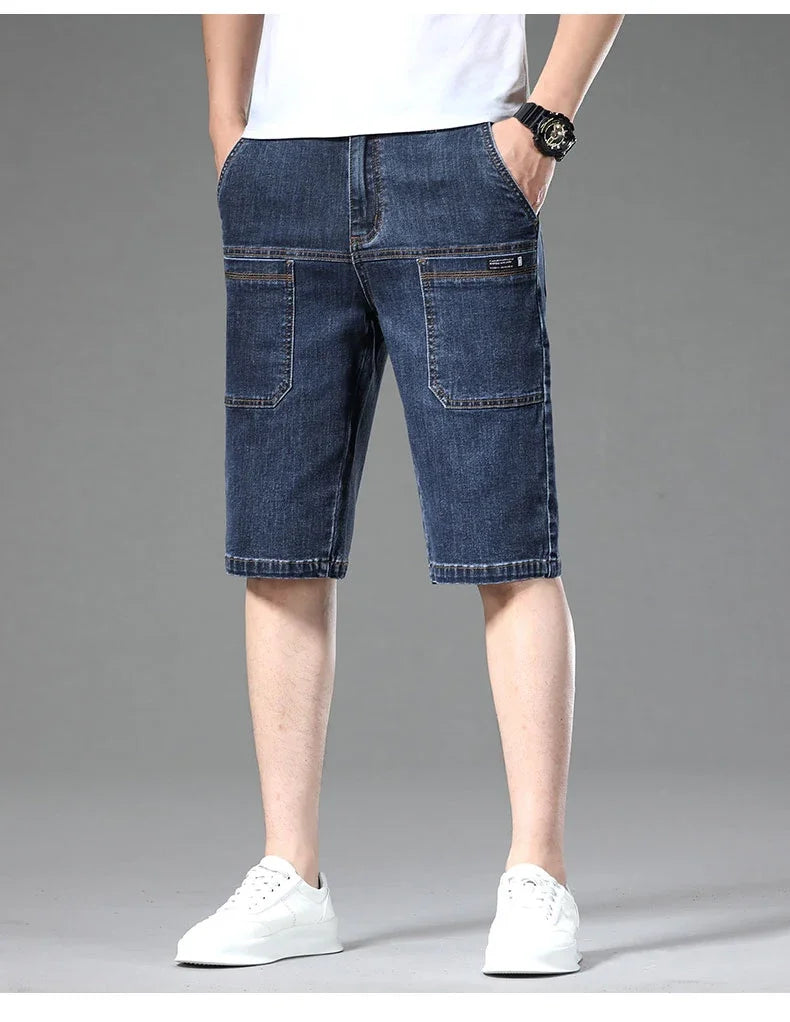 Multi-pocket Thin Denim Shorts Men Fashion Slim Straight Stretch Bermuda Jeans Casual Short Pants Male Brand Clothing