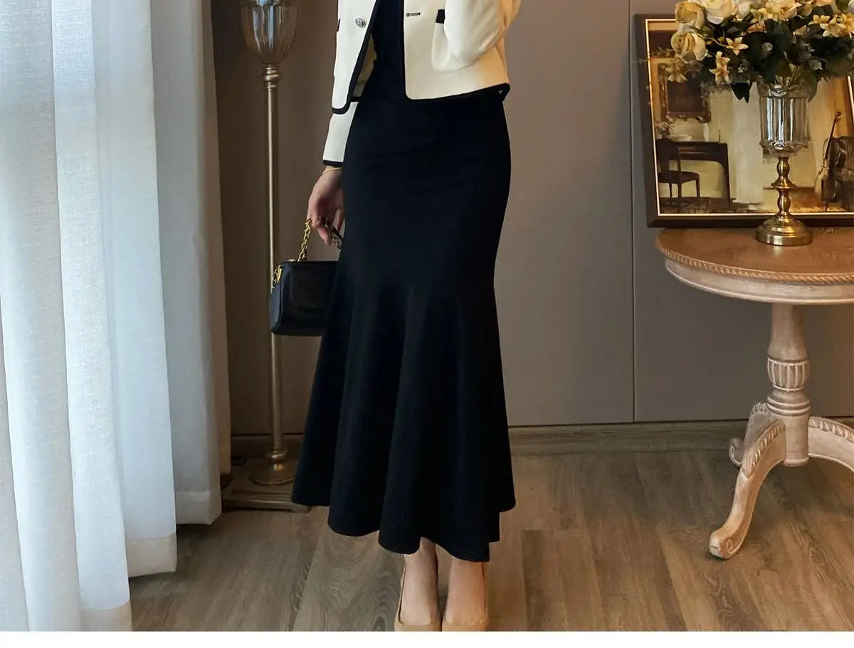 2024 Autumn New Women's Clothing Matching Sets French Graceful Slim Coat Black Mermaid Dress Suit Lady Jacket Dresses Outfits