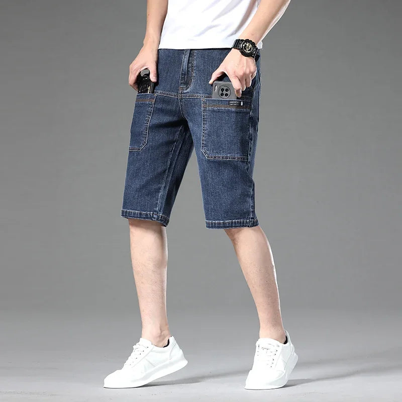 Multi-pocket Thin Denim Shorts Men Fashion Slim Straight Stretch Bermuda Jeans Casual Short Pants Male Brand Clothing