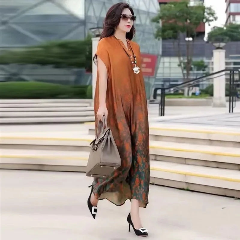 2023 Bohemian Printed Slim Raglan Sleeves Big Brand Silk Silk Dress Women Summer Temperament Mom High Grade Printed Long Skirt