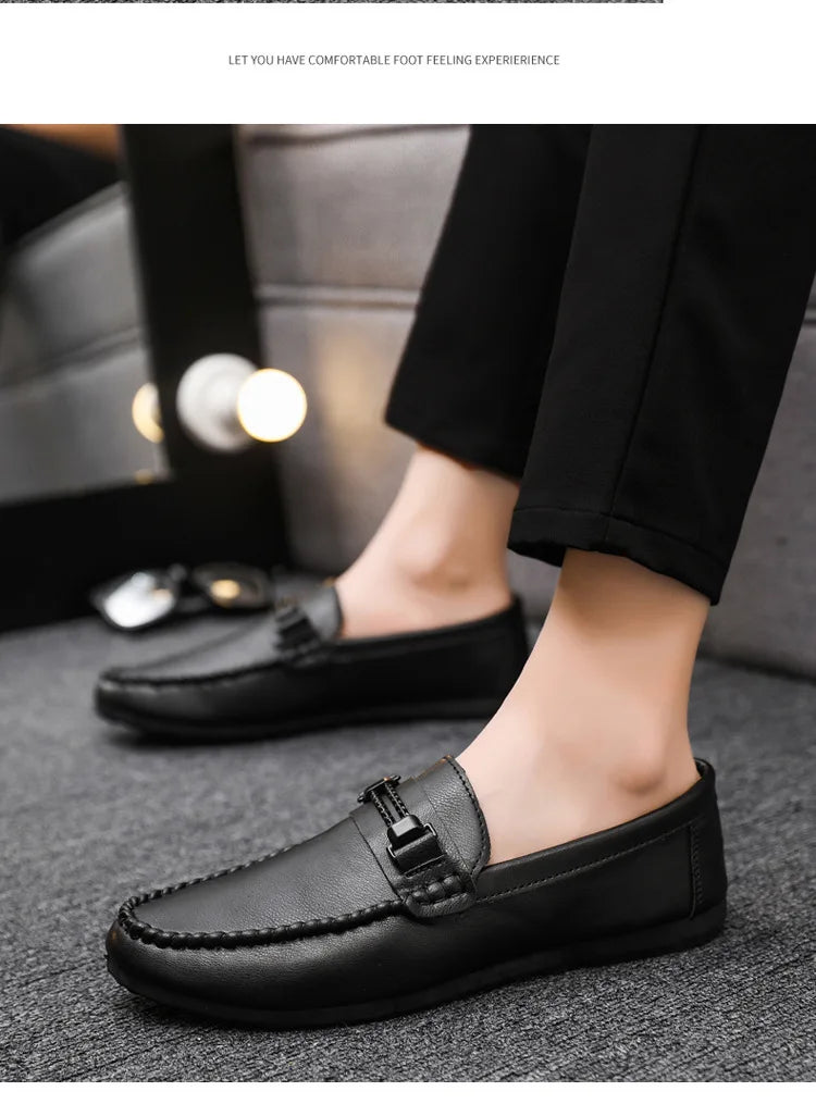 Mens Genuine Leather Loafers Luxury Formal Wedding Dress Shoes Soft Comfortable Waterproof Driving Shoes Slip on Flats Moccasin