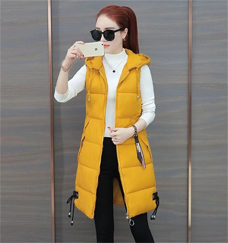 2023 New Autumn Winter Women Long Parkas Vest Warm Hooded Down Coat Parka Ladies Sleeveless Waistcoat Jacket Outwear