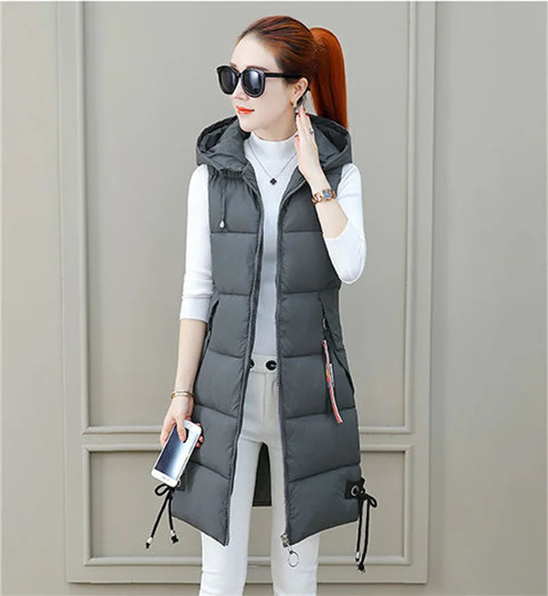 2023 New Autumn Winter Women Long Parkas Vest Warm Hooded Down Coat Parka Ladies Sleeveless Waistcoat Jacket Outwear