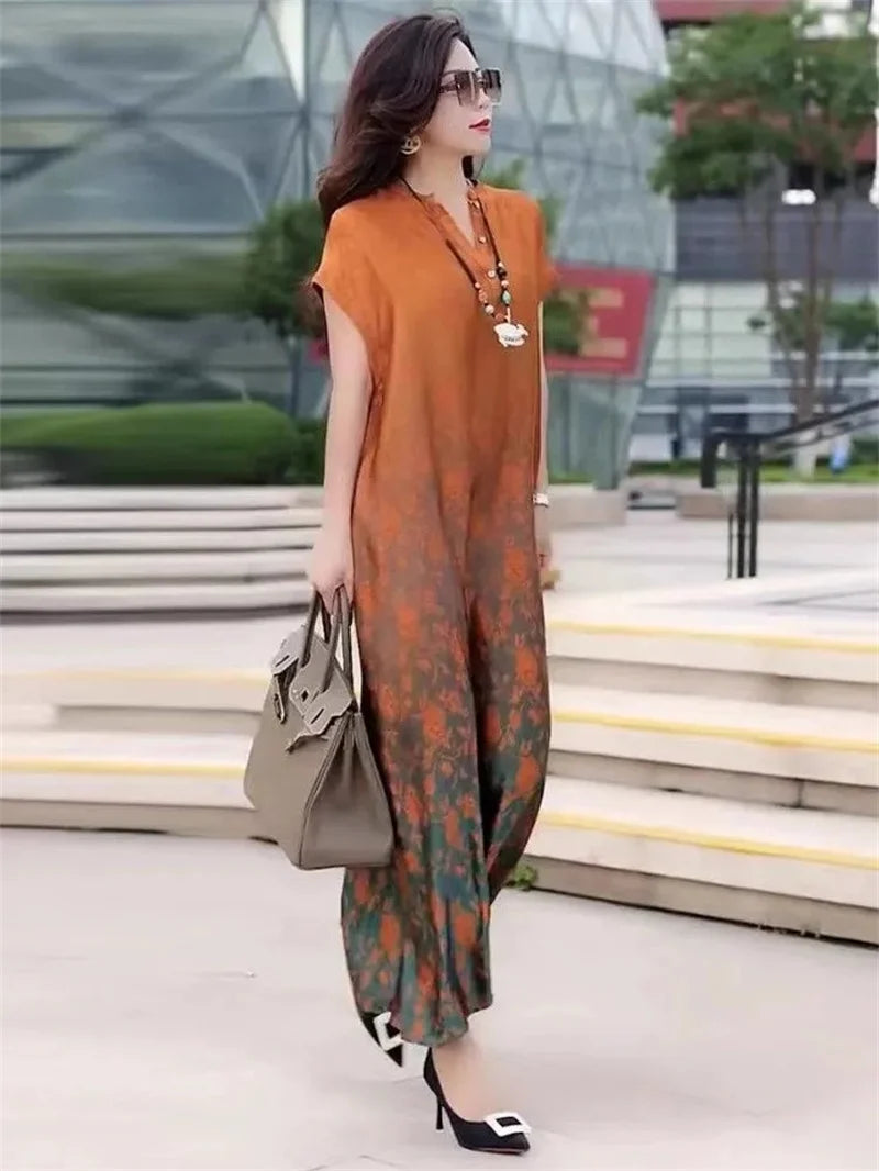 2023 Bohemian Printed Slim Raglan Sleeves Big Brand Silk Silk Dress Women Summer Temperament Mom High Grade Printed Long Skirt