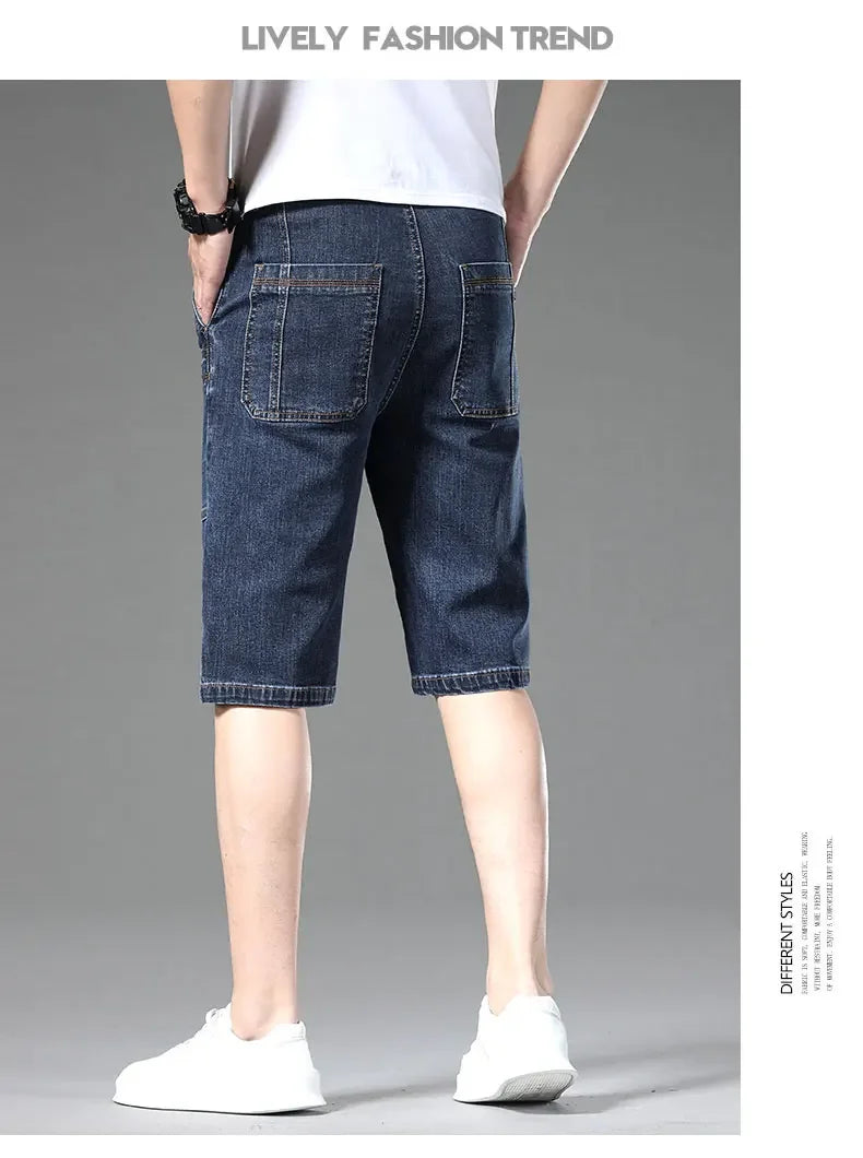 Multi-pocket Thin Denim Shorts Men Fashion Slim Straight Stretch Bermuda Jeans Casual Short Pants Male Brand Clothing