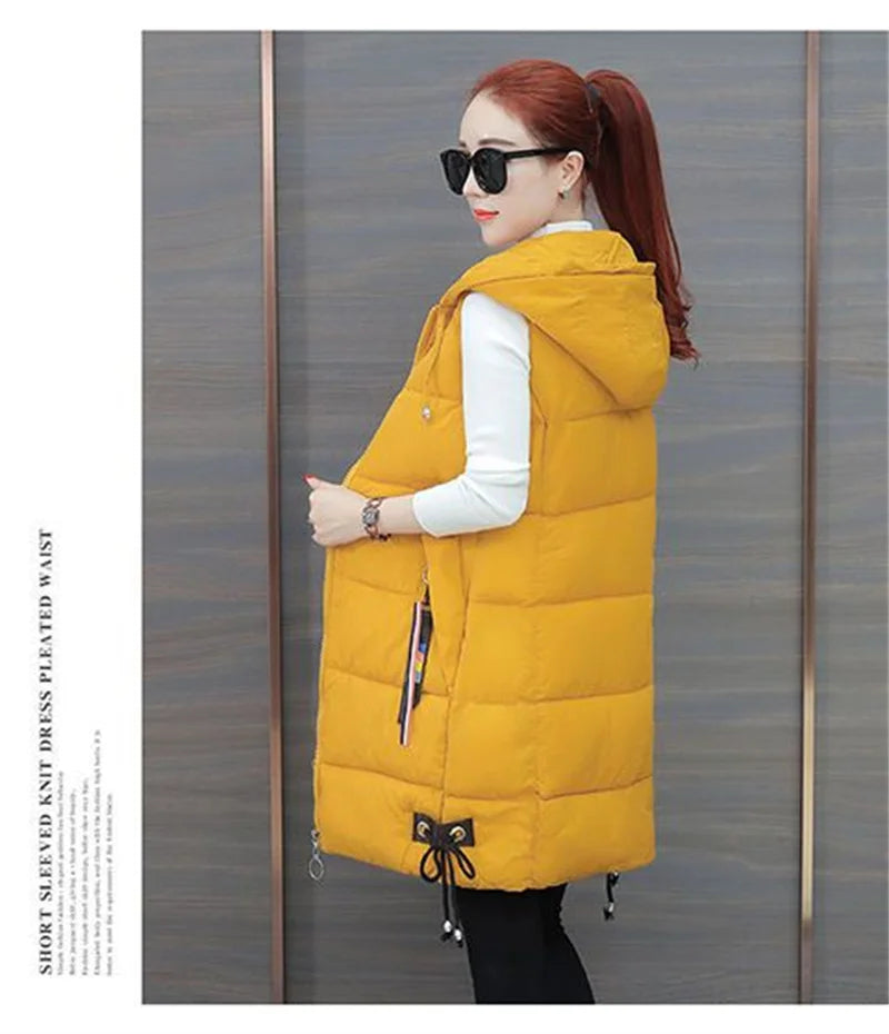 2023 New Autumn Winter Women Long Parkas Vest Warm Hooded Down Coat Parka Ladies Sleeveless Waistcoat Jacket Outwear